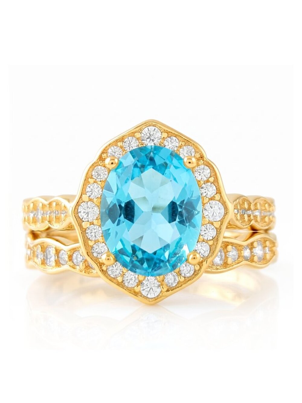 Gold and Aquamarine ring set, 925 Sterling Silver, 10k Gold finish